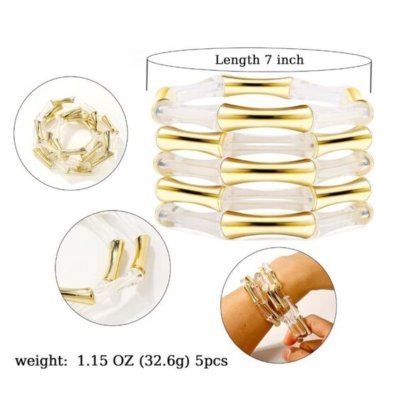 Gold and Clear Bamboo-Inspired Stackable Bracelets - Picture 2 of 5
